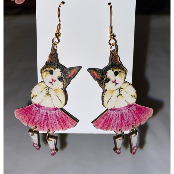 Cat Earrings Ballerina Dancing Kitty w/ Pink Tutu Whimsical Quirky Dangle Funny - Picture 1 of 6